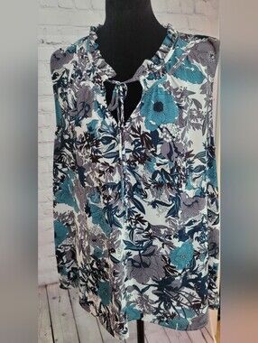 Loft Floral Tie-Front Sleeveless Tunic - Teal & Gray Large